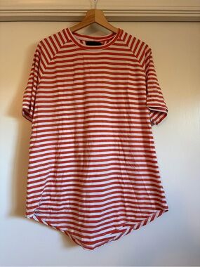 Nokwal Orange & White Striped Oversized Curved Hem Tee - Large